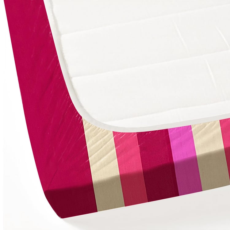 SWAYAM Pink Panache Yarn-Dyed Striped Cotton King Fitted Bedsheet Set