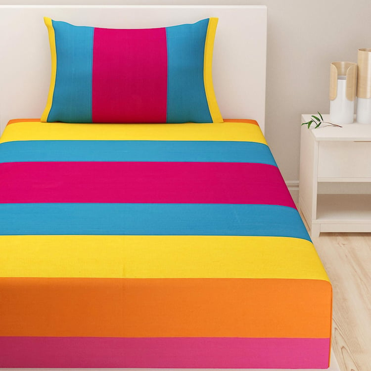 SWAYAM Colorblock Carnival Yarn-Dyed Cotton King Fitted Bedsheet Set