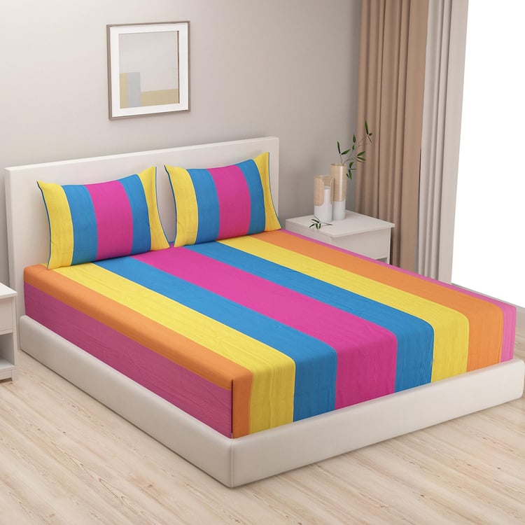 SWAYAM Colorblock Carnival Yarn-Dyed Cotton King Fitted Bedsheet Set