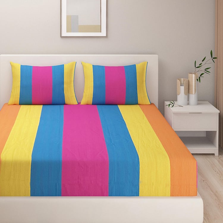 SWAYAM Colorblock Carnival Yarn-Dyed Cotton King Fitted Bedsheet Set