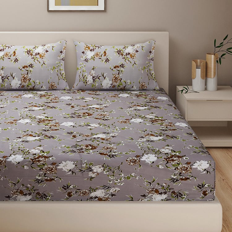 SWAYAM Chrysanthemum Charm 250TC Cotton Satin Queen Bedsheet Set