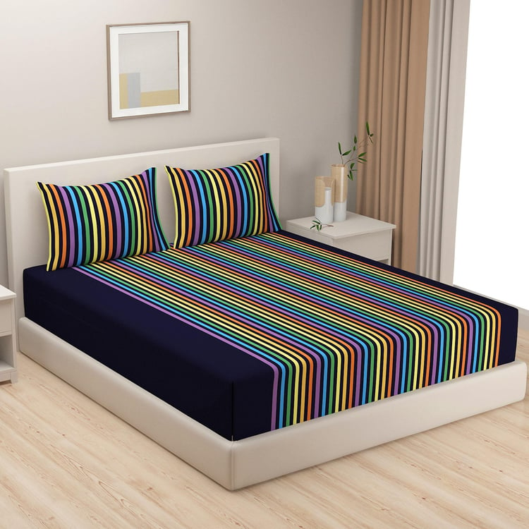 SWAYAM Vibrant Spectrum Yarn-Dyed Cotton Stripe King Bedsheet Set