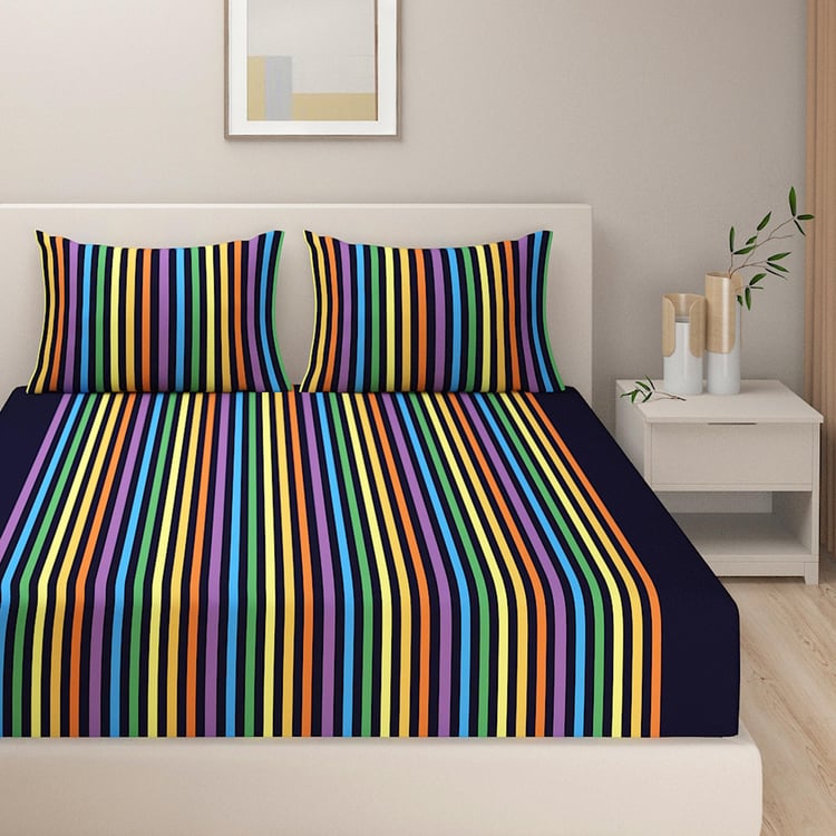 SWAYAM Vibrant Spectrum Yarn-Dyed Cotton Stripe King Bedsheet Set