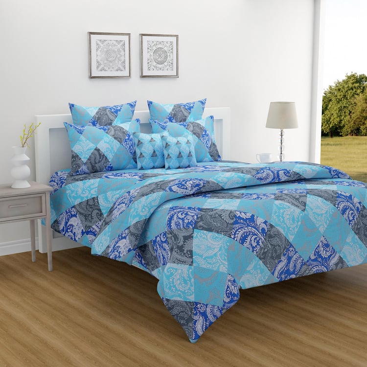 SWAYAM Azure Tapestry Geometric Essence 160TC Cotton Queen Bedsheet Set