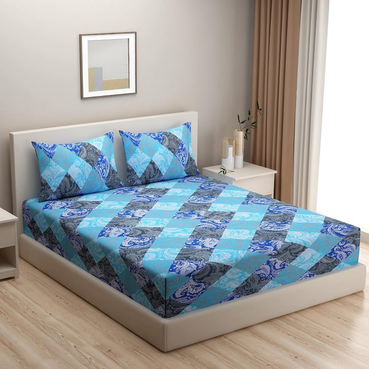 SWAYAM Azure Tapestry Geometric Essence 160TC Cotton Queen Bedsheet Set