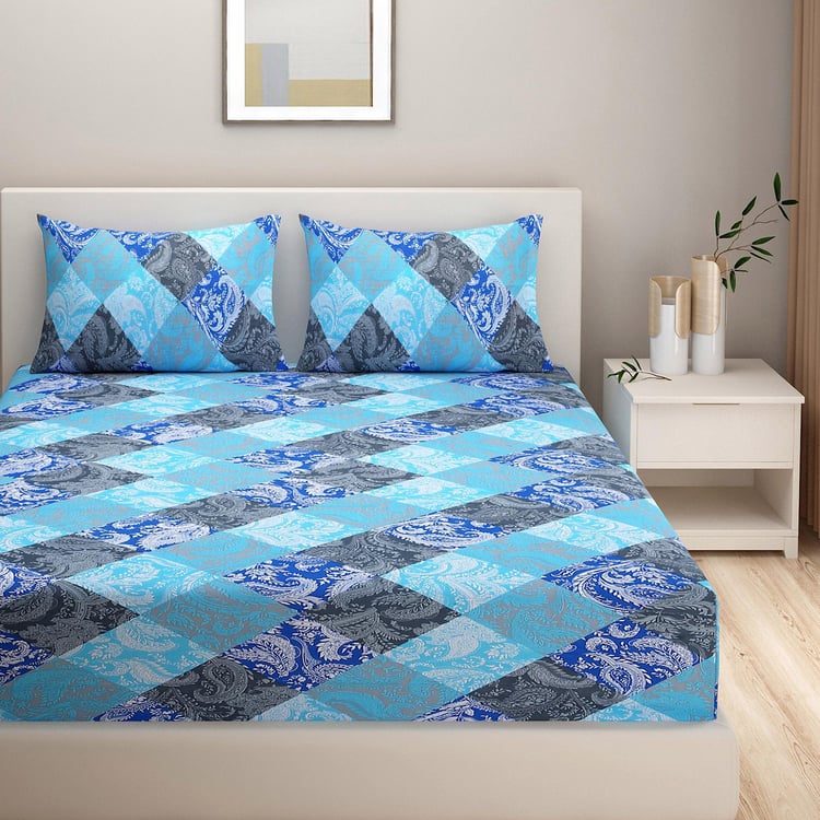 SWAYAM Azure Tapestry Geometric Essence 160TC Cotton Queen Bedsheet Set