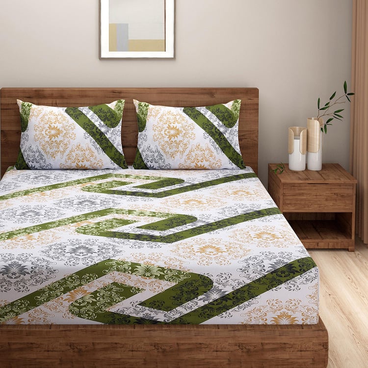 SWAYAM Verde Vortex Motif Play 160TC Cotton Queen Bedsheet Set