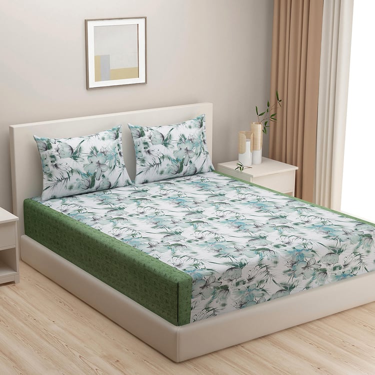 SWAYAM Sea Breeze Blossom 160TC Cotton Botanical Queen Bedsheet Set