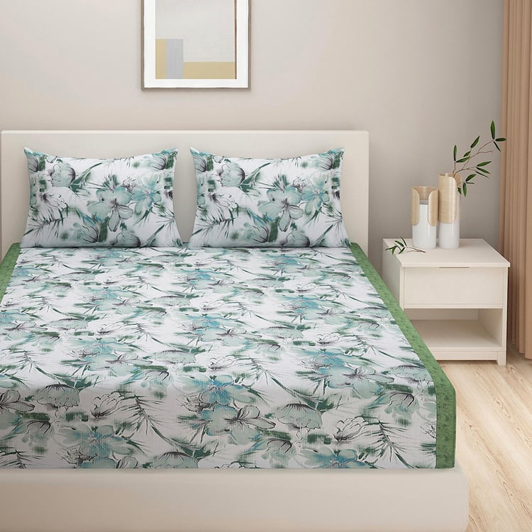 SWAYAM Sea Breeze Blossom 160TC Cotton Botanical Queen Bedsheet Set