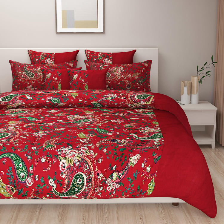 SWAYAM Paisleys in Crimson Garden 200TC Cotton King Fitted Bedsheet Set