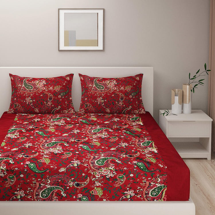 SWAYAM Paisleys in Crimson Garden 200TC Cotton King Fitted Bedsheet Set