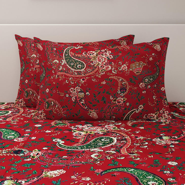 SWAYAM Paisleys in Crimson Garden 200TC Cotton King Fitted Bedsheet Set