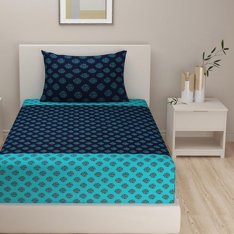 SWAYAM Indigo Oasis Traditional Buti 200TC Cotton King Fitted Bedsheet Set