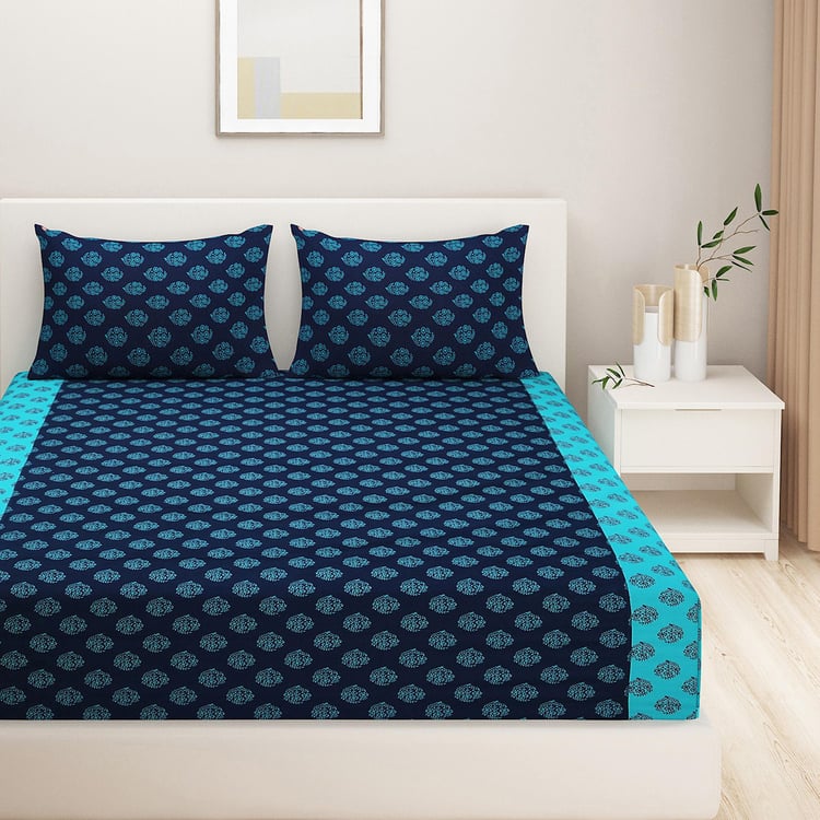 SWAYAM Indigo Oasis Traditional Buti 200TC Cotton King Fitted Bedsheet Set