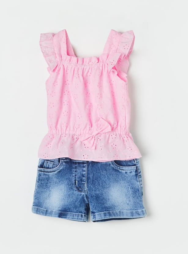 PEPPERMINT Girls Schiffli Top with Denim Shorts