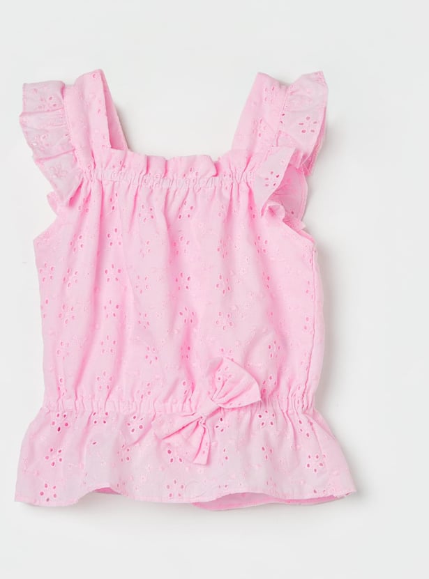 PEPPERMINT Girls Schiffli Top with Denim Shorts