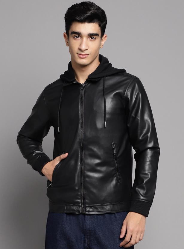 Buy CELIO Men Solid Biker Jacket with Detachable Hood from Celio