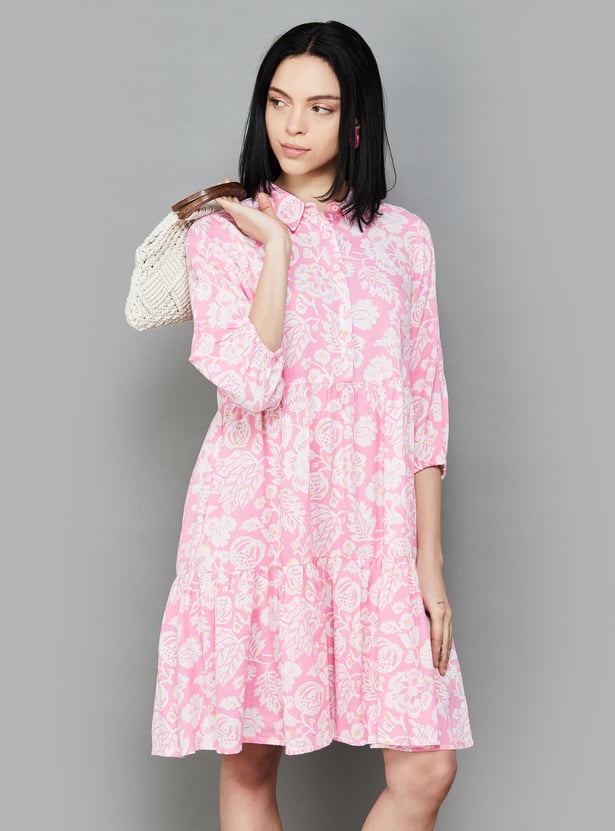 COLOUR ME Women Printed Ruffled Hem Shirt Dress