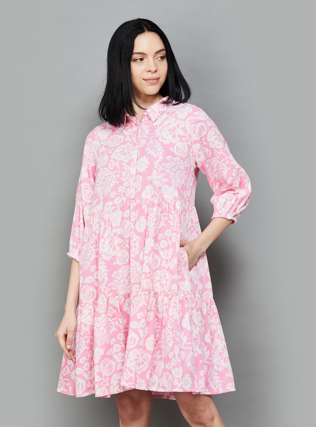 COLOUR ME Women Printed Ruffled Hem Shirt Dress