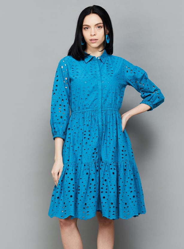 COLOUR ME Women Schiffli Shirt Dress