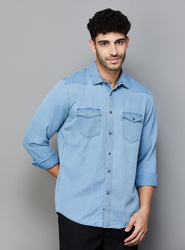 LP JEANS Men Solid Slim Fit Denim Shirt