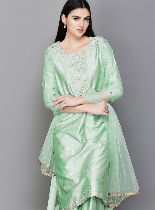 Peach & Grey Gold Printed Straight Kurta Set With Skirt