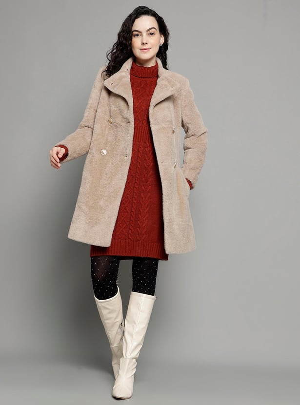 Buy MADAME Women Solid Fuzzy Longline Coat from Madame at just INR 7999.0