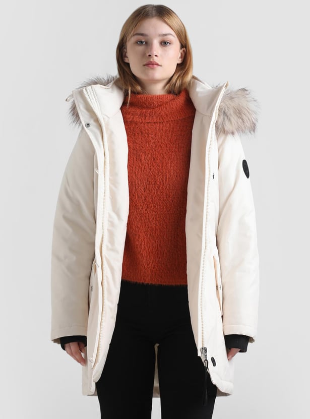Buy ONLY Women Solid Faux Fur Hood Parka Jacket from ONLY at just INR 7999.0