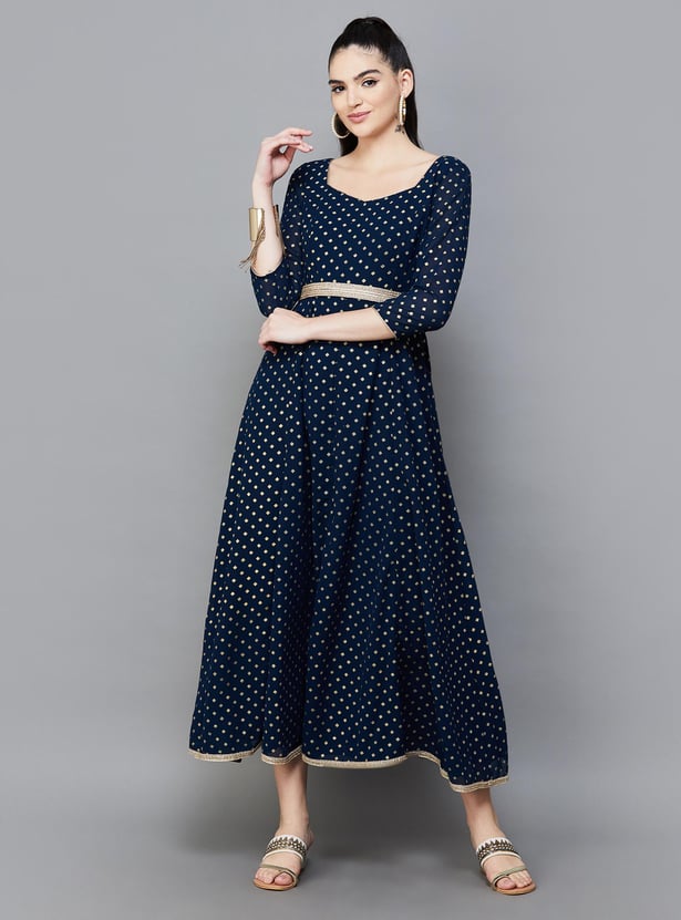 INDYA Women Foil Print Belted A-Line Dress