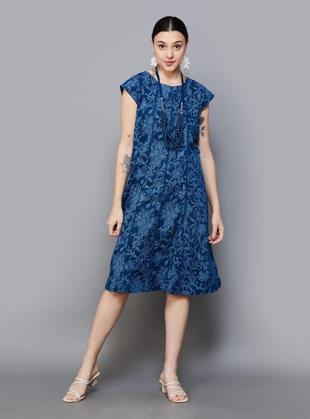 BIBA Women Printed A-Line Dress with Necklace