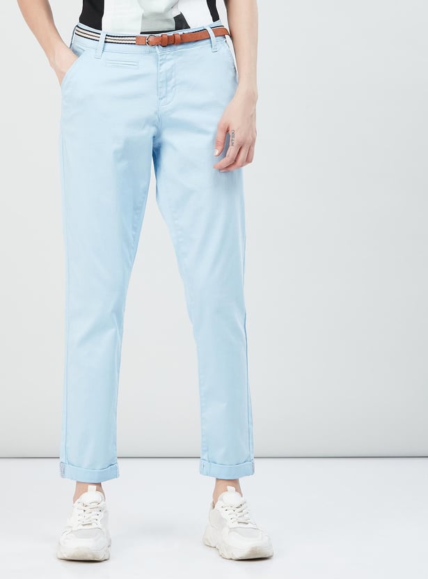 Women Solid Trousers with Belt