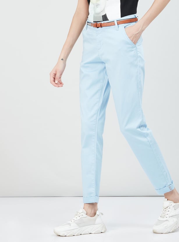 Women Solid Trousers with Belt