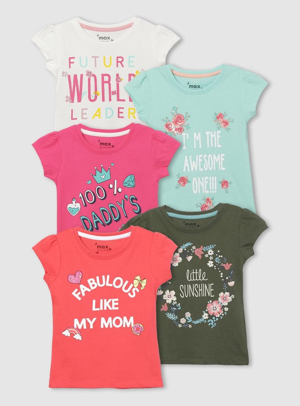 Girls Typographic Print Round Neck T-shirt - Pack of 5