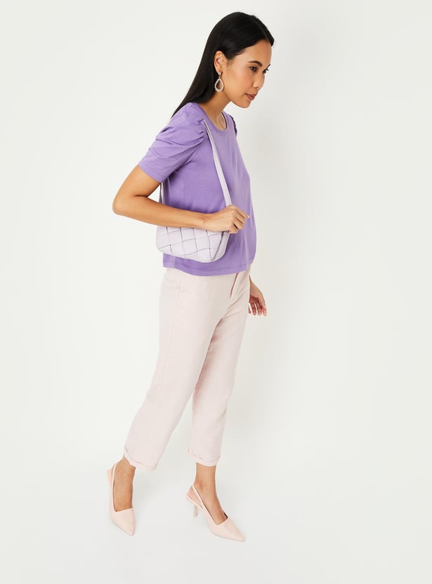 Women Solid Puffed Sleeves T-shirt