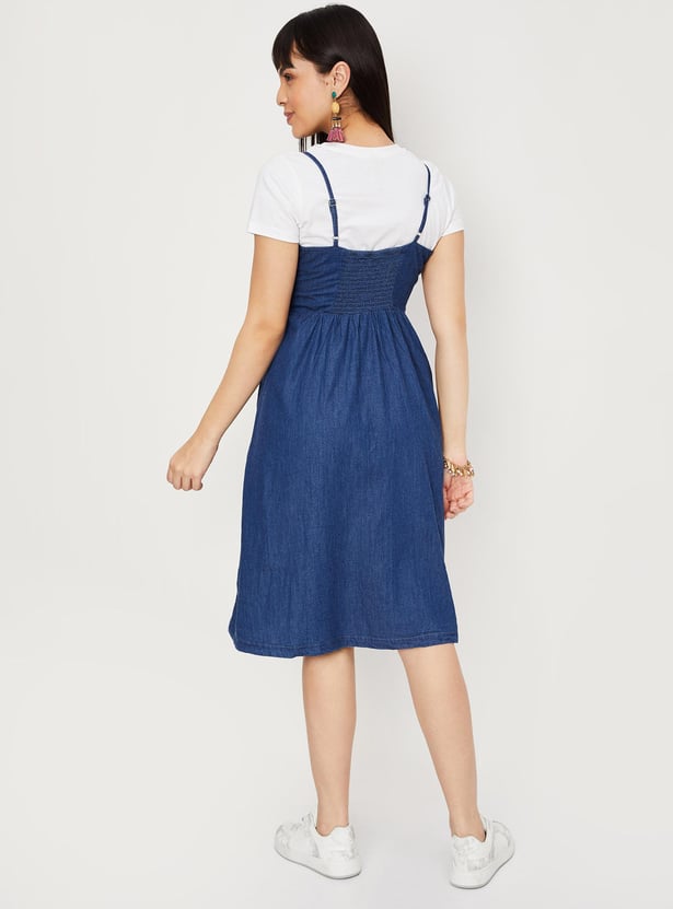 Buy Women Solid A-line Denim Dress with T-shirt Online at