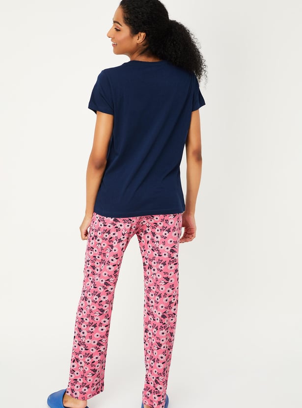 Women Printed T-shirt with Elasticated Pyjamas