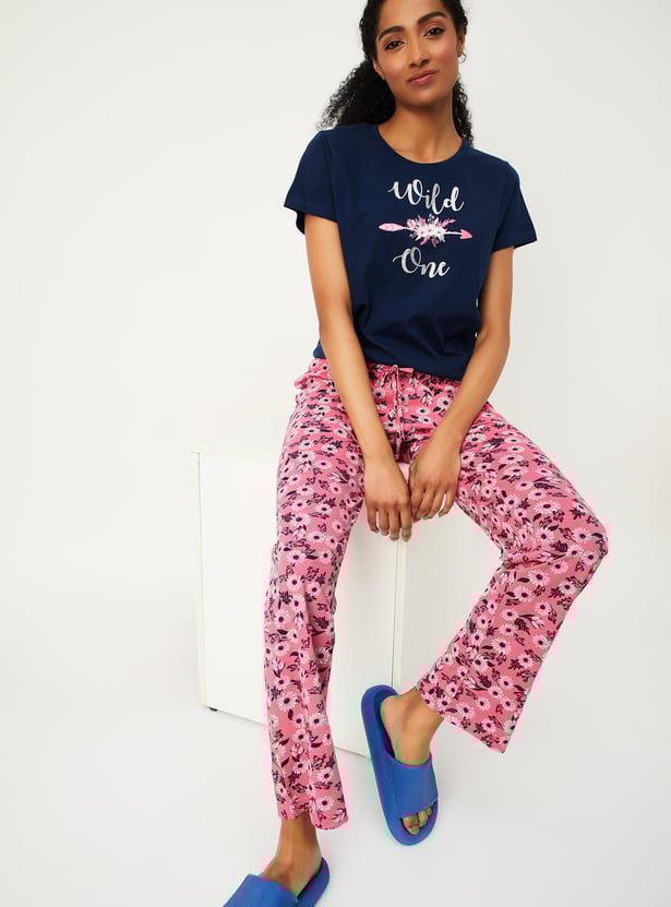 Women Printed T-shirt with Elasticated Pyjamas