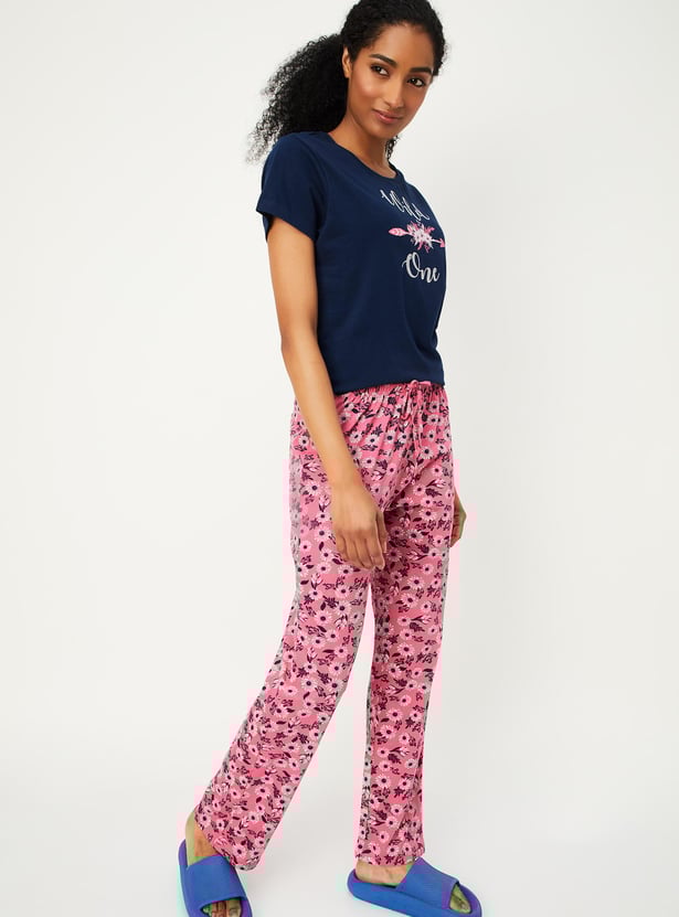 Women Printed T-shirt with Elasticated Pyjamas