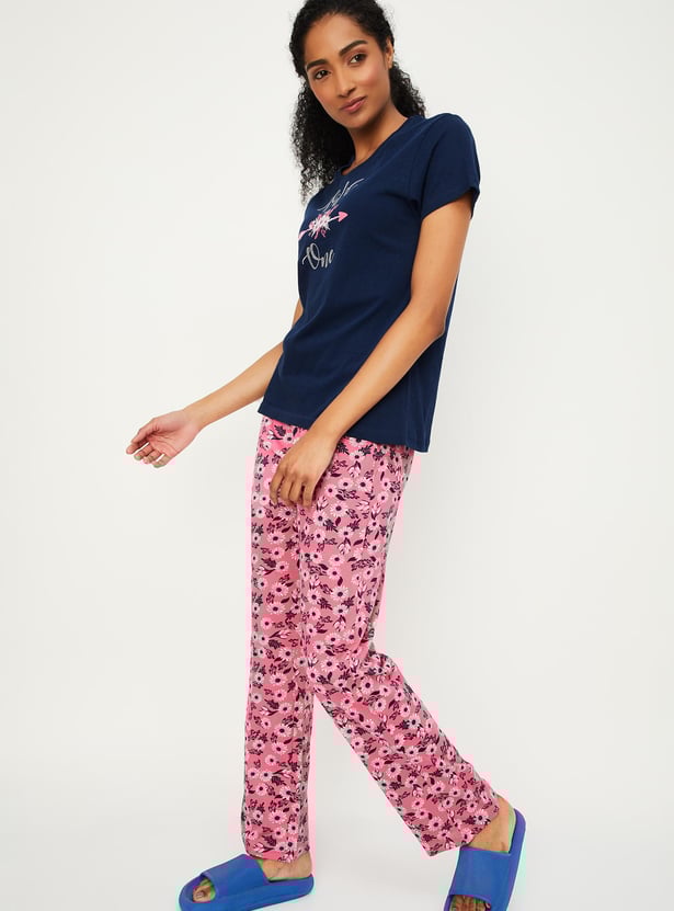 Women Printed T-shirt with Elasticated Pyjamas