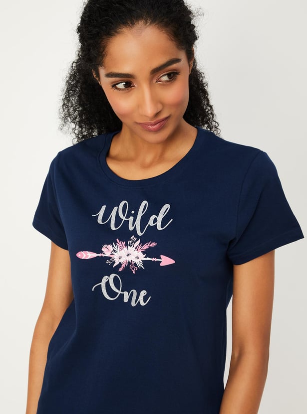 Women Printed T-shirt with Elasticated Pyjamas