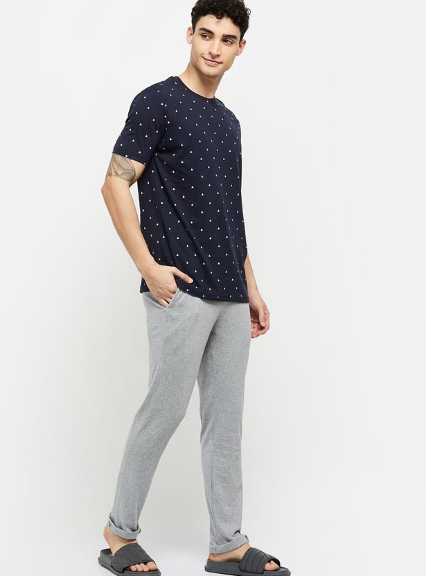 Men Printed Crew Neck T-Shirt With Solid Pyjama Pants