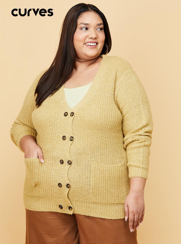 Women Textured Knit V-neck Cardigan