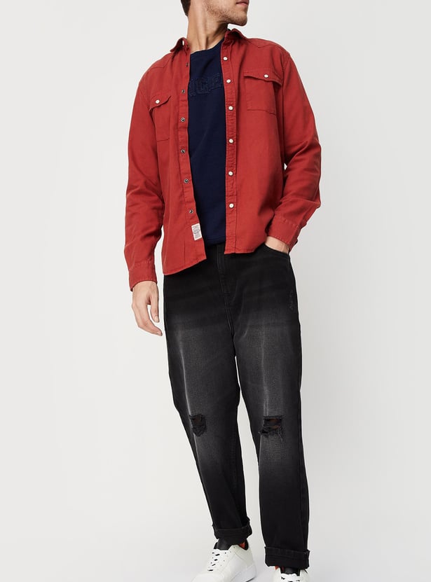 Men Solid Flap Pocket Denim Shirt