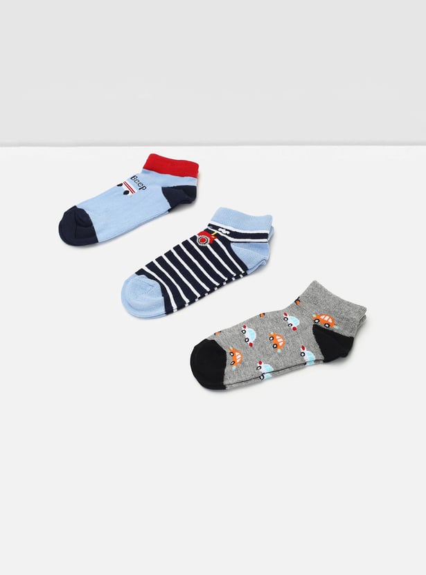 Boys Printed Ankle-Length Socks - Pack of 3