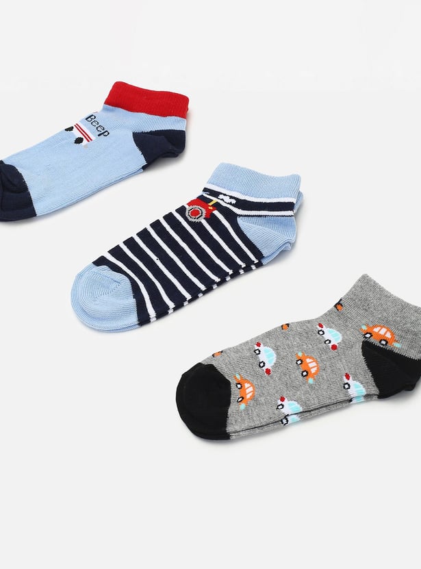 Boys Printed Ankle-Length Socks - Pack of 3