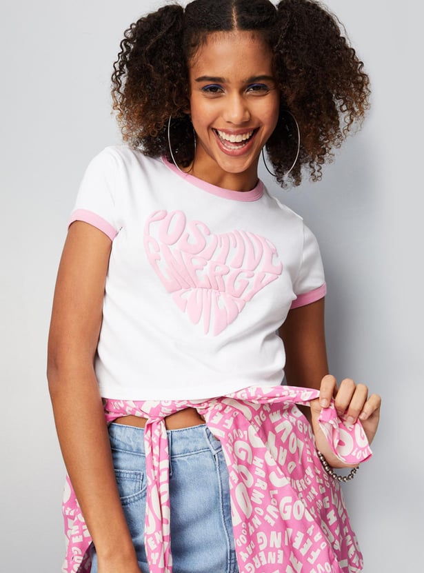 Women Slogan Embossed Crop T-shirt