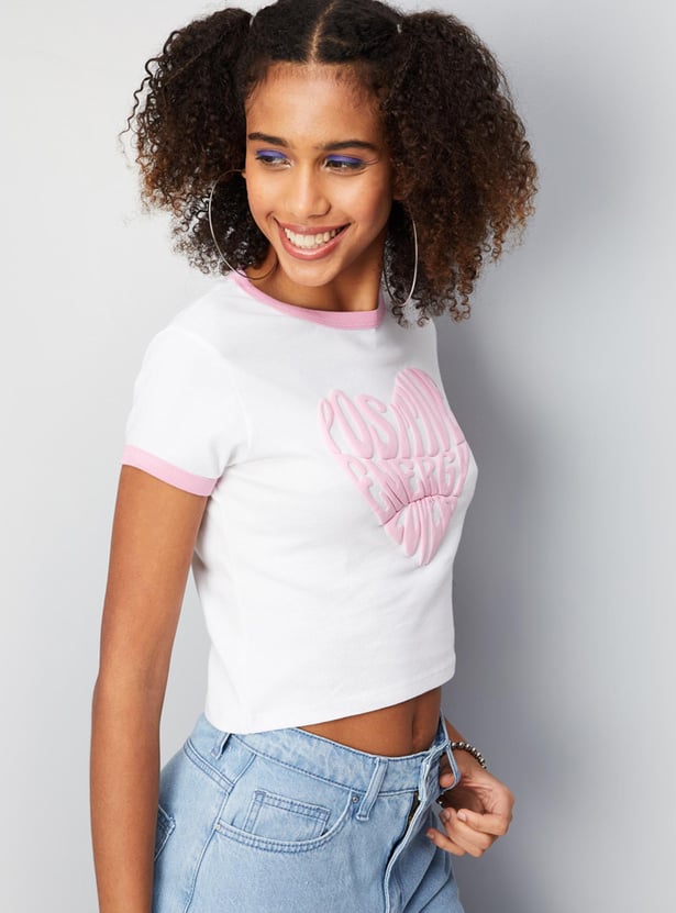 Women Slogan Embossed Crop T-shirt