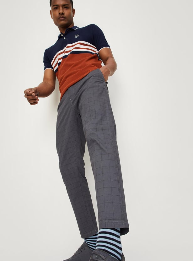 Men Carrot Fit Checked Stretch Chinos