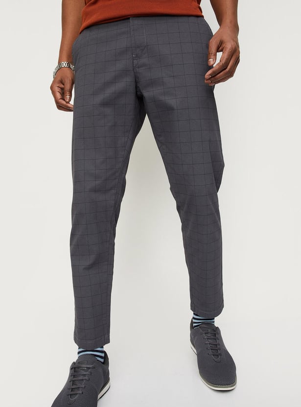 Men Carrot Fit Checked Stretch Chinos