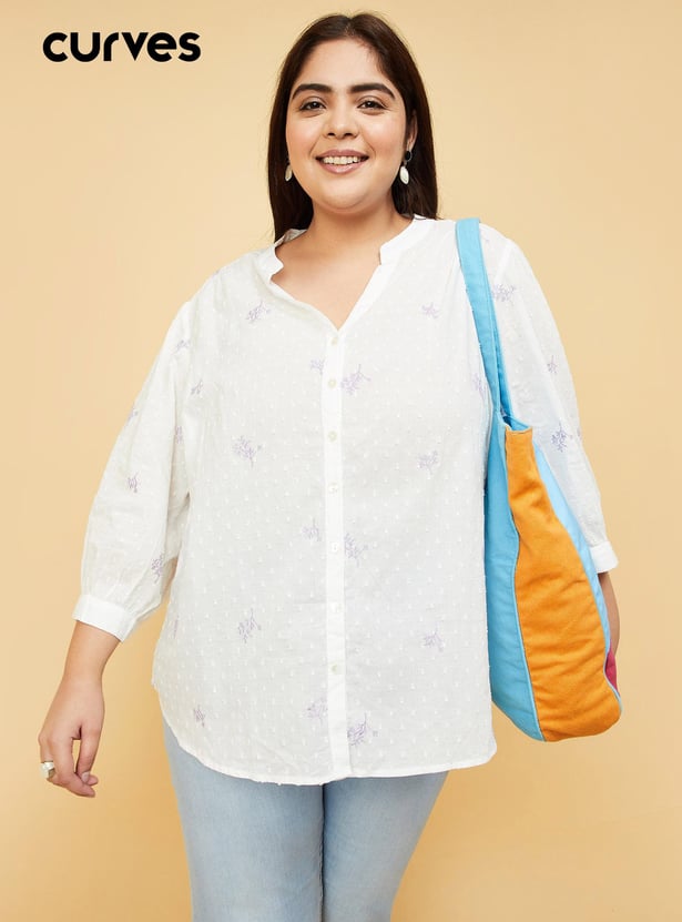 Women Embroidered Band Collar Top